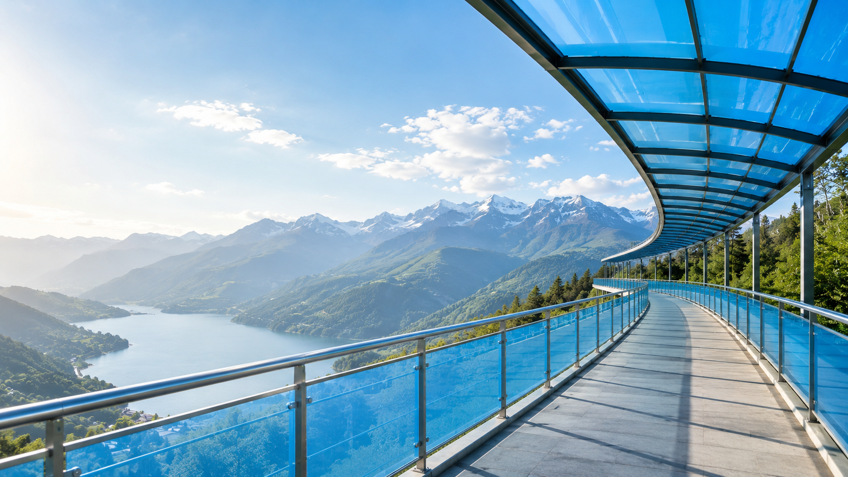 Modern polycarbonate architectural skywalk with mountain view